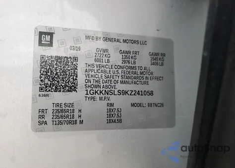 2019 GMC Acadia Sle из США, поврежденный, VIN 1GKKNSLS9KZ241058